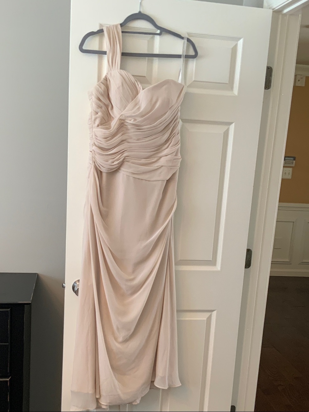 Bill Levkoff One-Shoulder Draped Chiffon Gown in cream